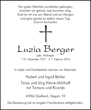 Traueranzeige von Luzia Berger von Stadtspiegel Gladbeck