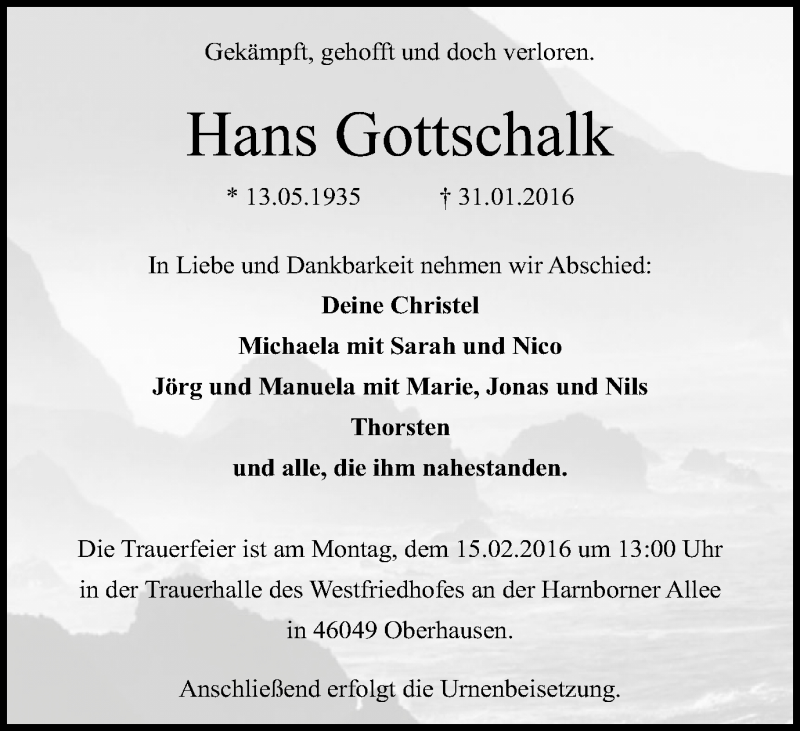  Traueranzeige für Hans Gottschalk vom 13.02.2016 aus Wochen-Anzeiger Oberhausen