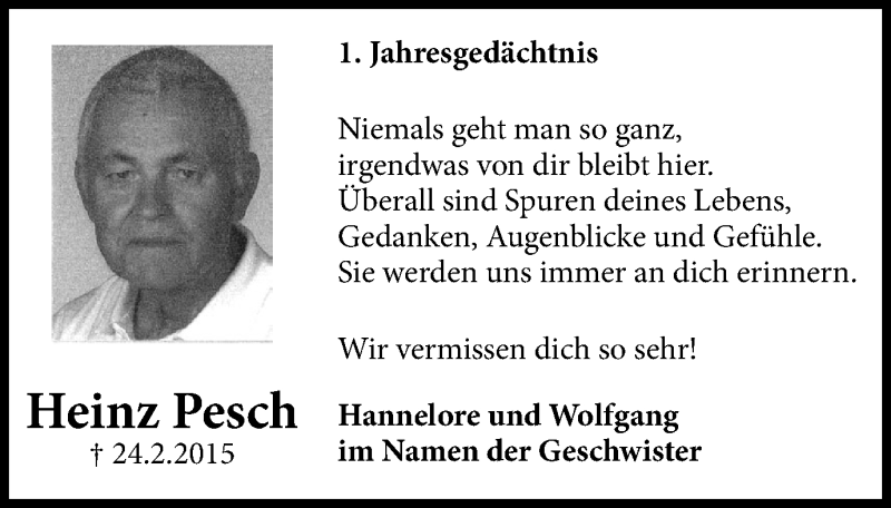  Traueranzeige für Heinz Pesch vom 24.02.2016 aus Wochen-Anzeiger Oberhausen