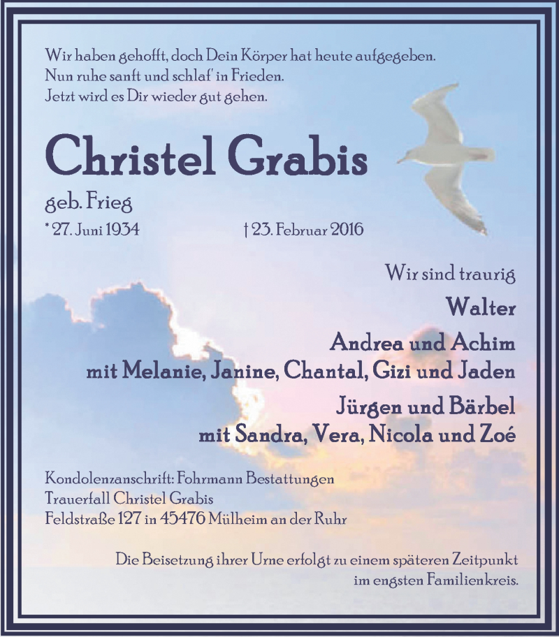  Traueranzeige für Christel Grabis vom 27.02.2016 aus Mülheimer Woche