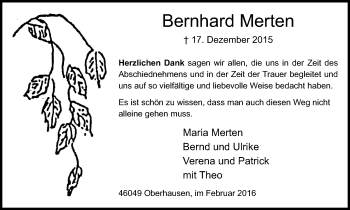 Traueranzeige von Bernhard Merten von Wochen-Anzeiger Oberhausen