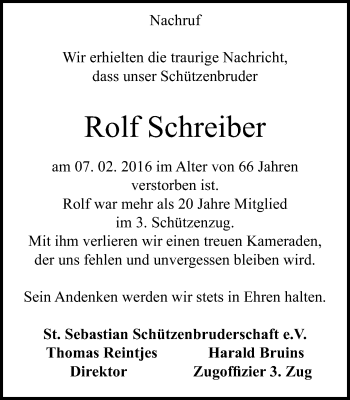 Traueranzeige von Rolf Schreiber von Stadtanzeiger Emmerich/Rees/Isselburg