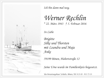 Traueranzeige von Werner Rechlin von Stadtspiegel Kamen + Unna