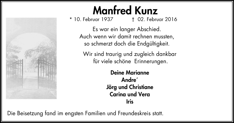 Traueranzeigen Von Manfred Kunz Trauer In Nrw De