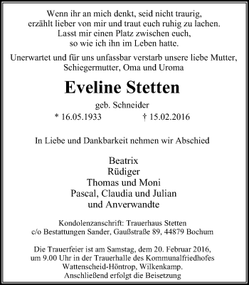 Traueranzeige von Eveline Stetten von Stadtspiegel Bochum + Wattenscheid
