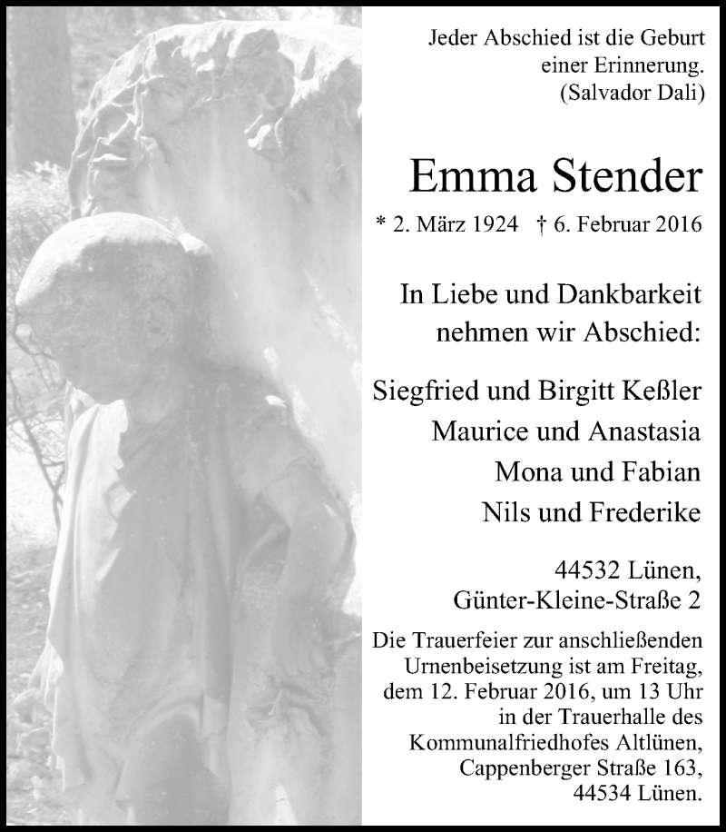 Traueranzeige für Emma Stender vom 10.02.2016 aus Lüner Anzeiger
