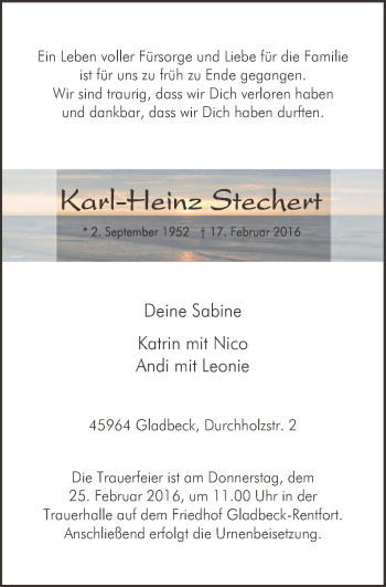 Traueranzeige von Karl-Heinz Stechert von Stadtspiegel Gladbeck