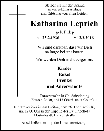 Traueranzeige von Katharina Leprich von Wochen-Anzeiger Oberhausen