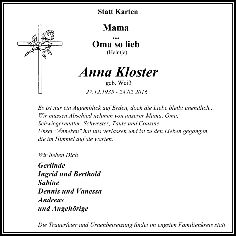 Traueranzeige für Anna Kloster vom 27.02.2016 aus Stadtanzeiger Velbert + Heiligenhaus