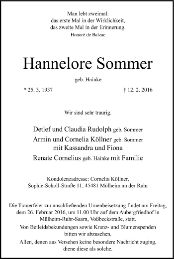 Traueranzeige von Hannelore Sommer von Mülheimer Woche