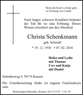 Traueranzeige von Christa Schenkmann von Stadtspiegel Kamen + Unna
