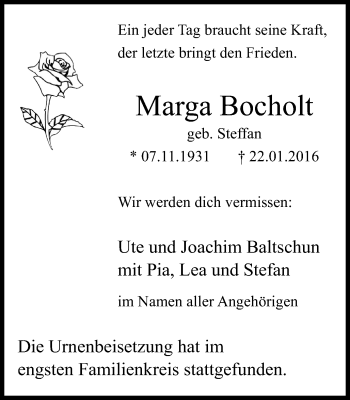 Traueranzeige von Marga Bocholt von Wochen-Anzeiger Oberhausen