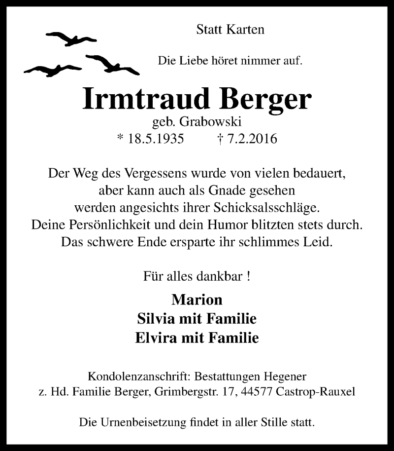  Traueranzeige für Irmtraud Berger vom 13.02.2016 aus Stadtanz.Castrop-Rauxel
