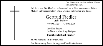 Traueranzeige von Gertrud Fiedler von Stadtspiegel Menden + Froendenberg