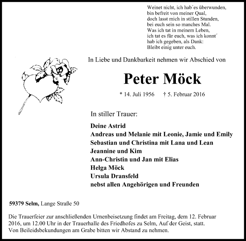 Traueranzeige für Peter Möck vom 10.02.2016 aus Lüner Anzeiger