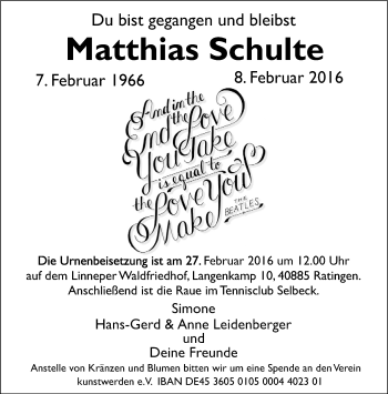 Traueranzeige von Matthias Schulte von Mülheimer Woche