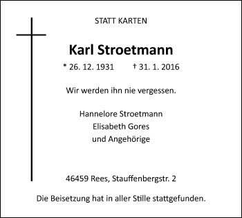 Traueranzeige von Karl Stroetmann von Stadtanzeiger Emmerich/Rees/Isselburg