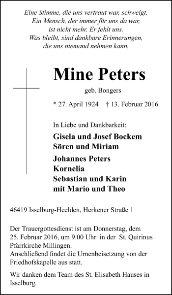 Traueranzeige von Mine Peters von Stadtanzeiger Emmerich/Rees/Isselburg