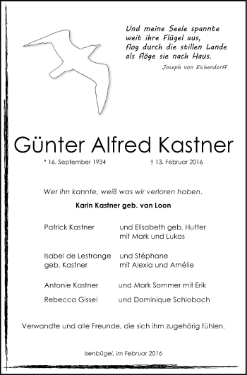 Traueranzeige von Günter Alfred Kastner von Kettwig Kurier