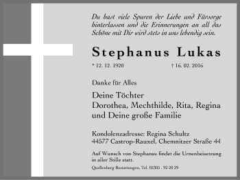 Traueranzeige von Stephanus Lukas von Stadtanz.Castrop-Rauxel