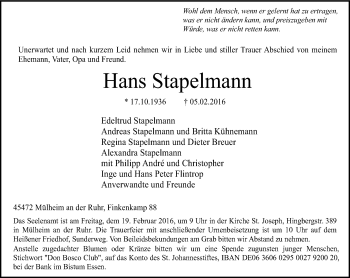 Traueranzeige von Hans Stapelmann von Mülheimer Woche