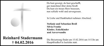 Traueranzeige von Reinhard Stadermann von Stadtspiegel Iserlohn + Hemer