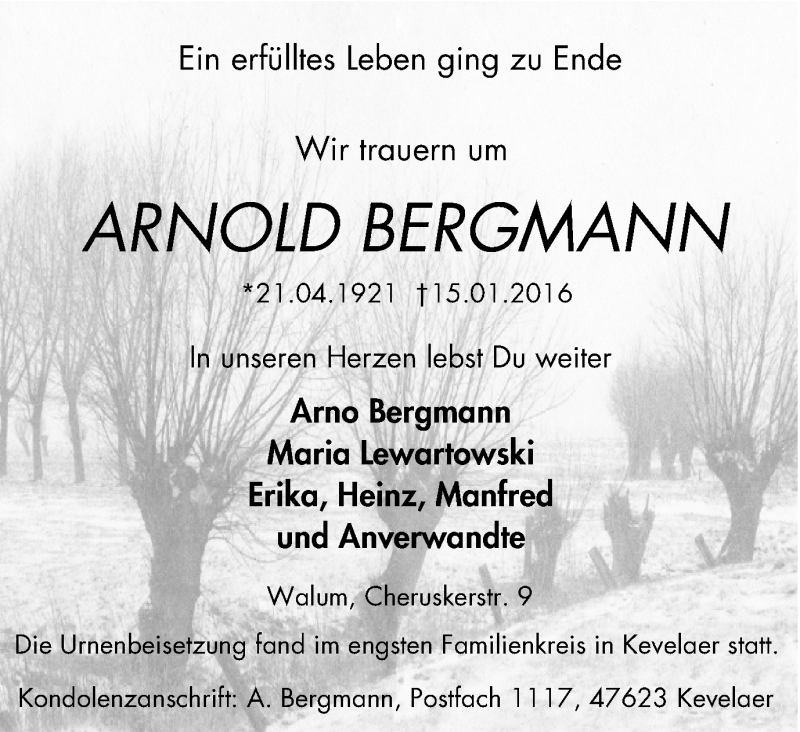  Traueranzeige für Arnold Bergmann vom 17.02.2016 aus Wochen-Anzeiger Duisburg