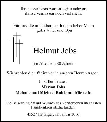 Traueranzeige von Helmut Jobs von Stadtspiegel Hattingen/Niedersprockhövel