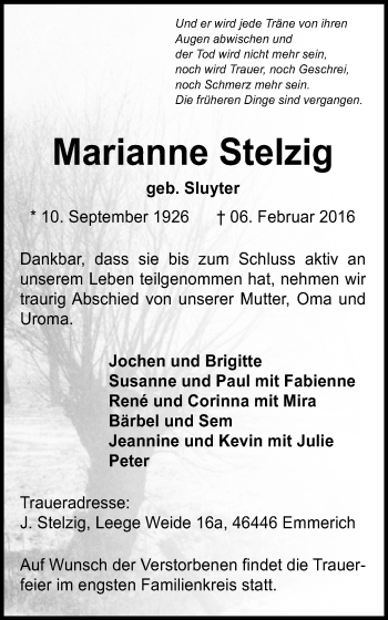 Traueranzeige von Marianne Stelzig von Stadtanzeiger Emmerich/Rees/Isselburg