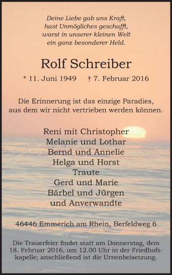 Traueranzeige von Rolf Schreiber von Stadtanzeiger Emmerich/Rees/Isselburg