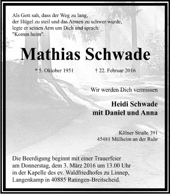 Traueranzeige von Mathias Schwade von Mülheimer Woche