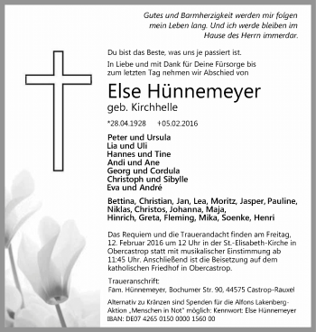 Traueranzeige von Else Hünnemeyer von Stadtanz.Castrop-Rauxel