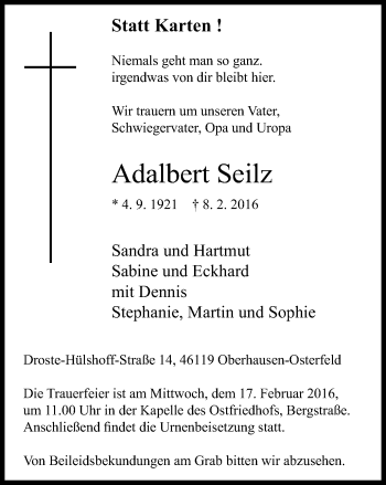 Traueranzeige von Adalbert Seilz von Wochen-Anzeiger Oberhausen