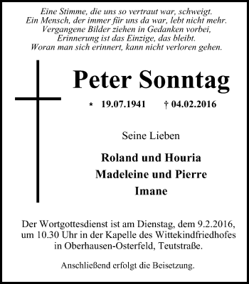 Traueranzeige von Peter Sonntag von Wochen-Anzeiger Oberhausen