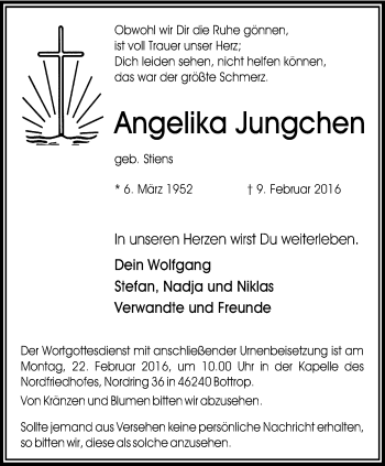 Traueranzeige von Angelika Jungchen von Stadtspiegel Bottrop