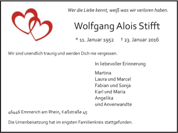 Traueranzeige von Wolfgang Alois Stifft von Stadtanzeiger Emmerich/Rees/Isselburg