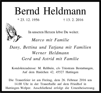 Traueranzeige von Bernd Heldmann von Stadtspiegel Hattingen/Niedersprockhövel