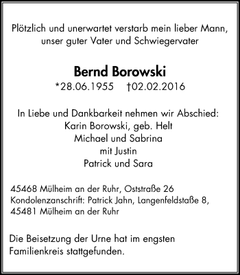 Traueranzeige von Bernd Borowski von Mülheimer Woche