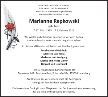 Traueranzeige von Marianne Repkowski von Klever Wochenblatt