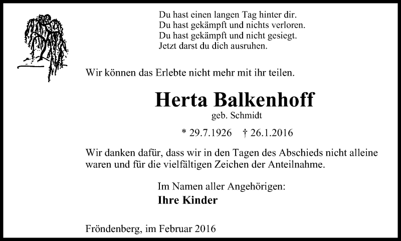  Traueranzeige für Herta Balkenhoff vom 20.02.2016 aus Stadtspiegel Menden + Froendenberg