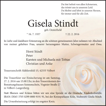 Traueranzeige von Gisela Stindt von Stadtanzeiger Velbert + Heiligenhaus