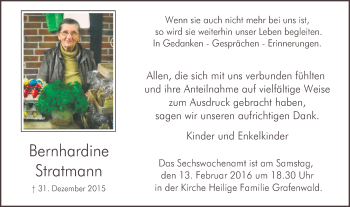 Traueranzeige von Bernhardine Stratmann von Stadtspiegel Bottrop