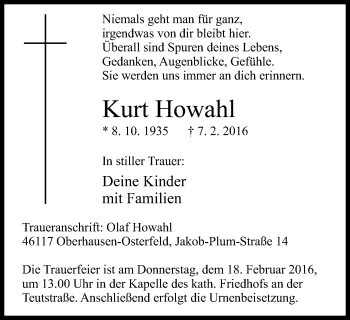 Traueranzeige von Kurt Howahl von Wochen-Anzeiger Oberhausen