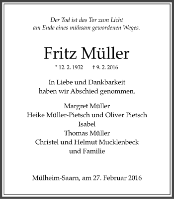 Traueranzeige von Fritz Müller von Mülheimer Woche