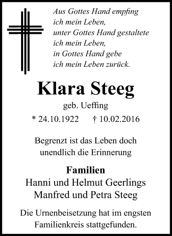 Traueranzeige von Klara Steeg von Stadtanzeiger Emmerich/Rees/Isselburg