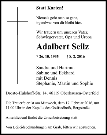 Traueranzeige von Adalbert Seilz von Wochen-Anzeiger Oberhausen