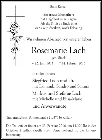Traueranzeige von Rosemarie Lach von Klever Wochenblatt