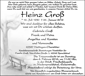 Traueranzeige von Heinz Groß von Stadtspiegel Hattingen/Niedersprockhövel