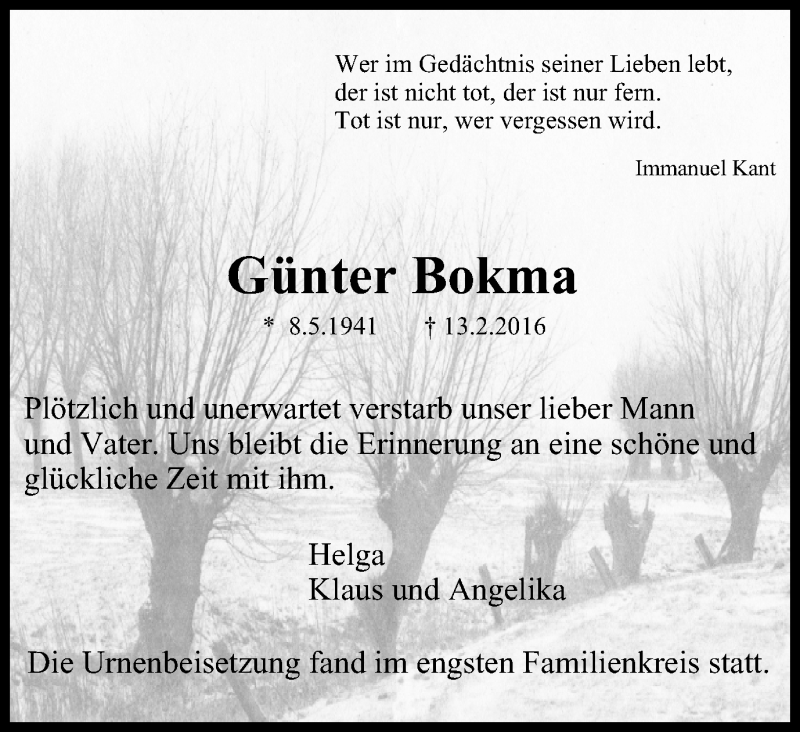 Traueranzeige für Günter Bokma vom 24.02.2016 aus Mülheimer Woche