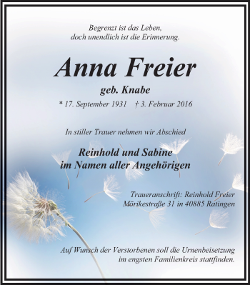 Traueranzeige von Anna Freier von Mülheimer Woche
